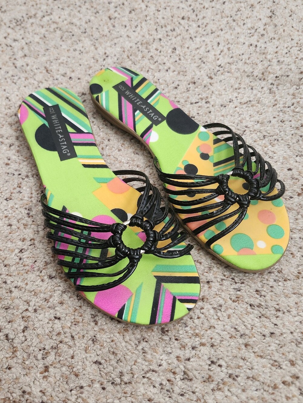 White Stag Y2k Black-Strappy Slide Sandals with Multicolor Footbed